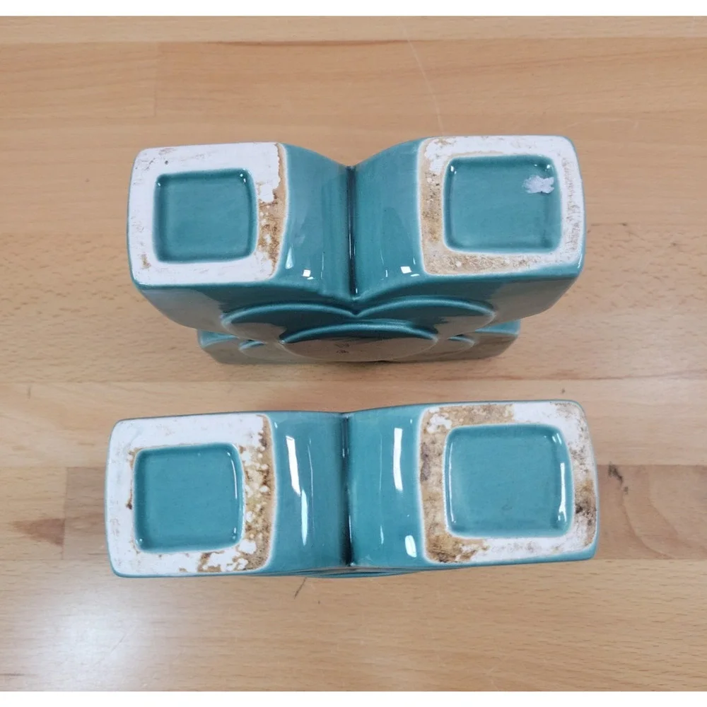 Pair Ceramic Vases Teal Blue Flower Pocket Planter 5” x 5” READ